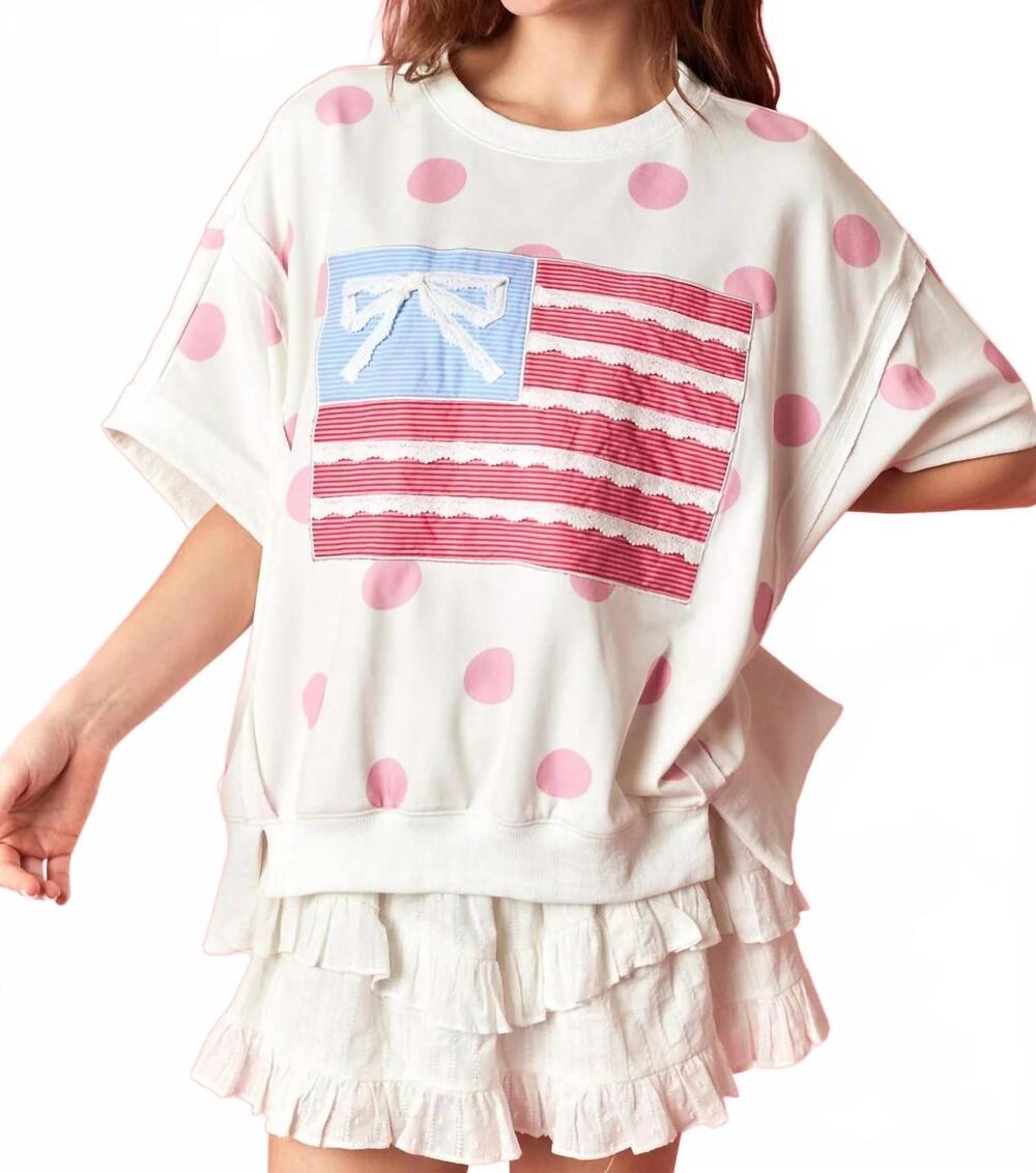 NEW PEACH LOVE oversized bow flag polka dot tee in white pink